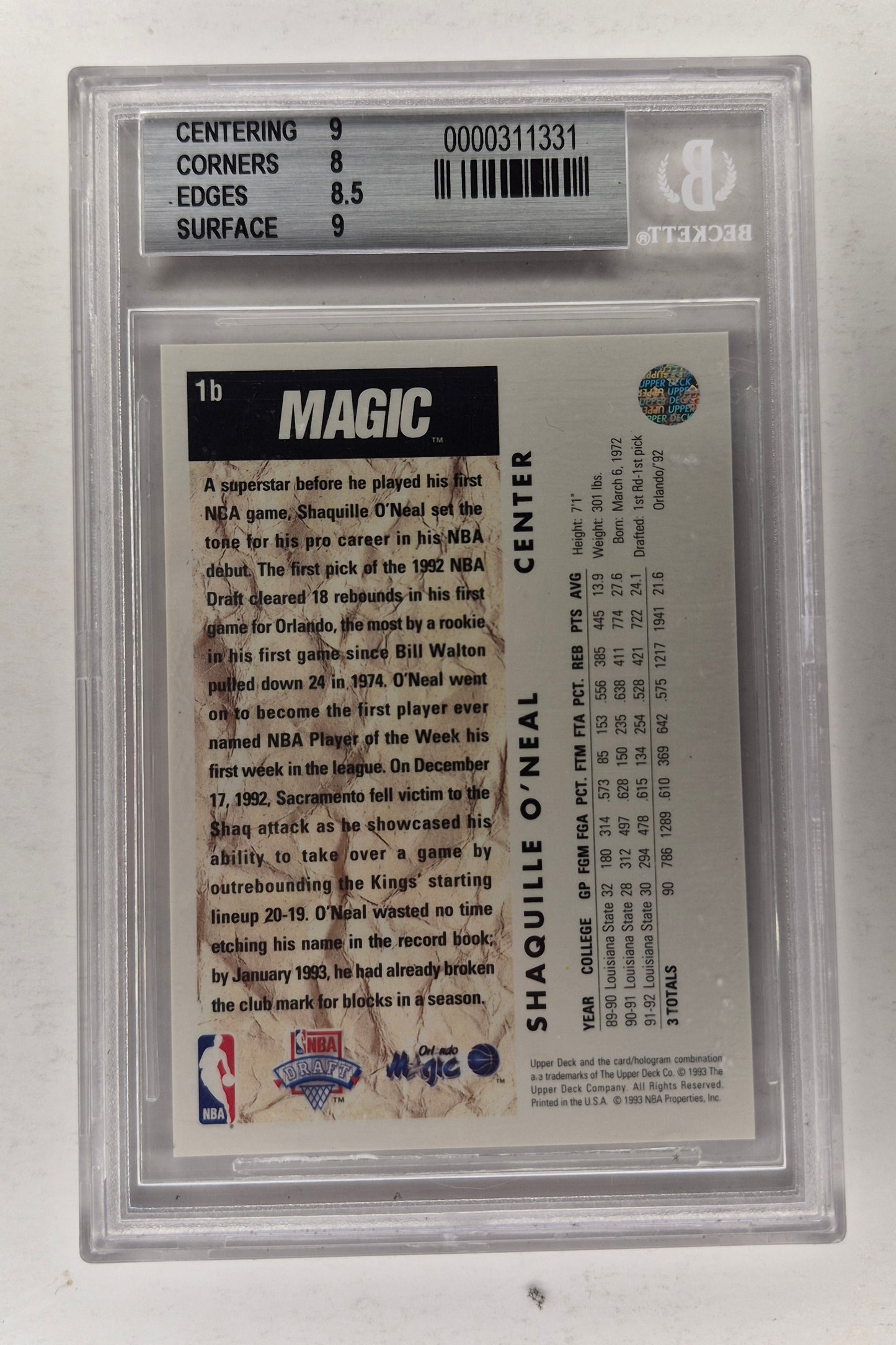1992-93 Upper Deck Shaquille O'neal 1B Trade Card Beckett 8.5