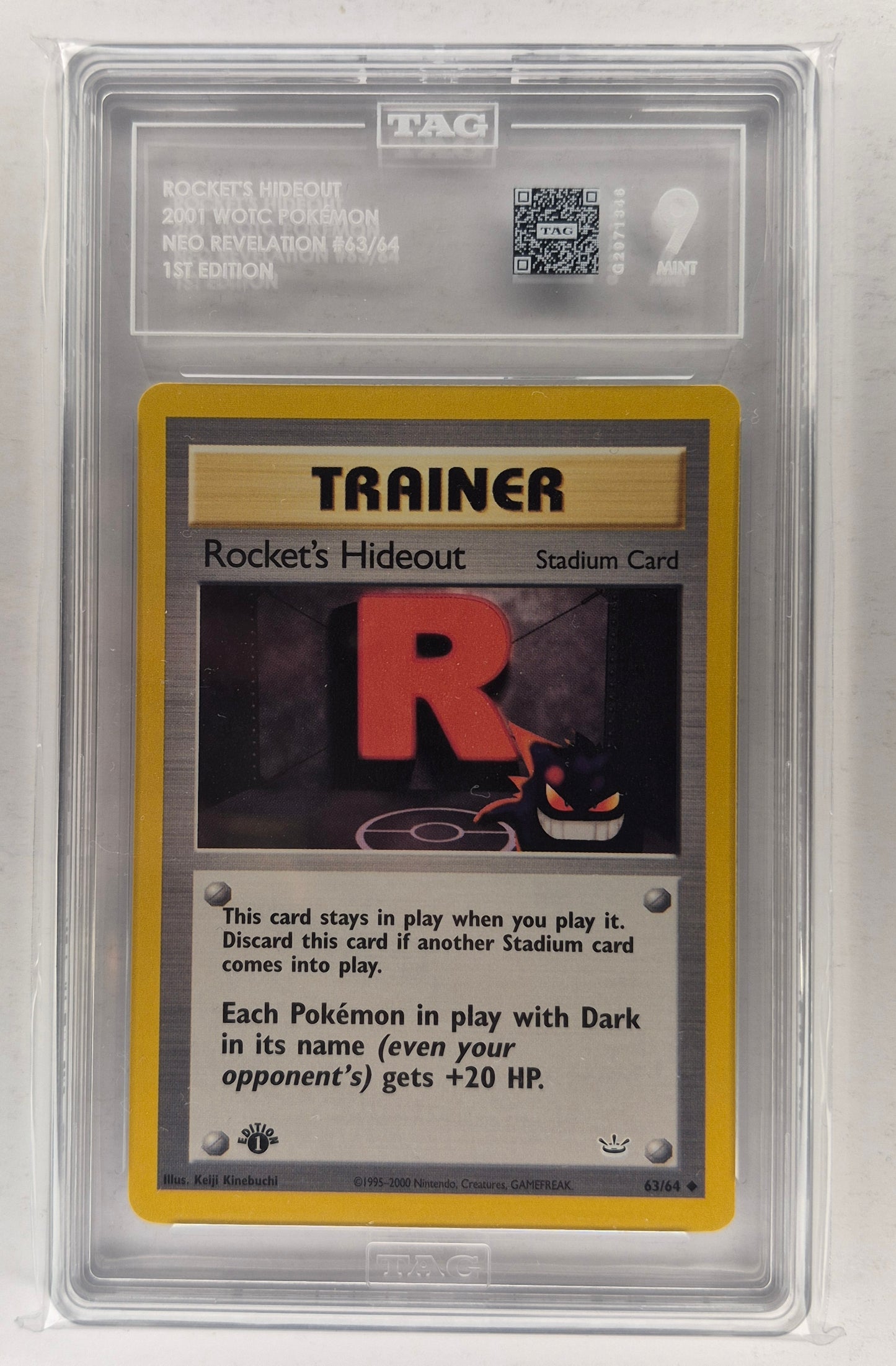 2001 Pokémon WOTC Neo Revelation 63/64 Rocket's Hideout 1st Edition TAG 9 PSA