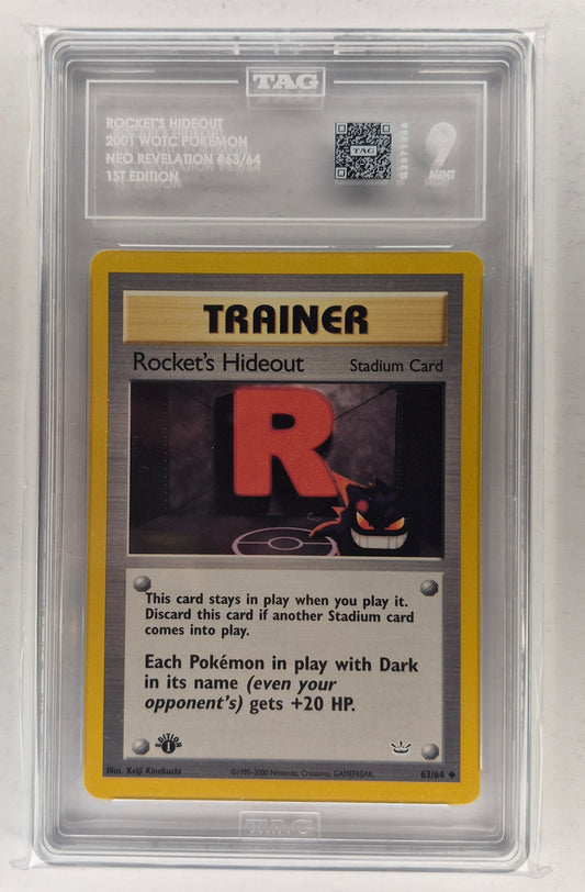2001 Pokémon WOTC Neo Revelation 63/64 Rocket's Hideout 1st Edition TAG 9 PSA