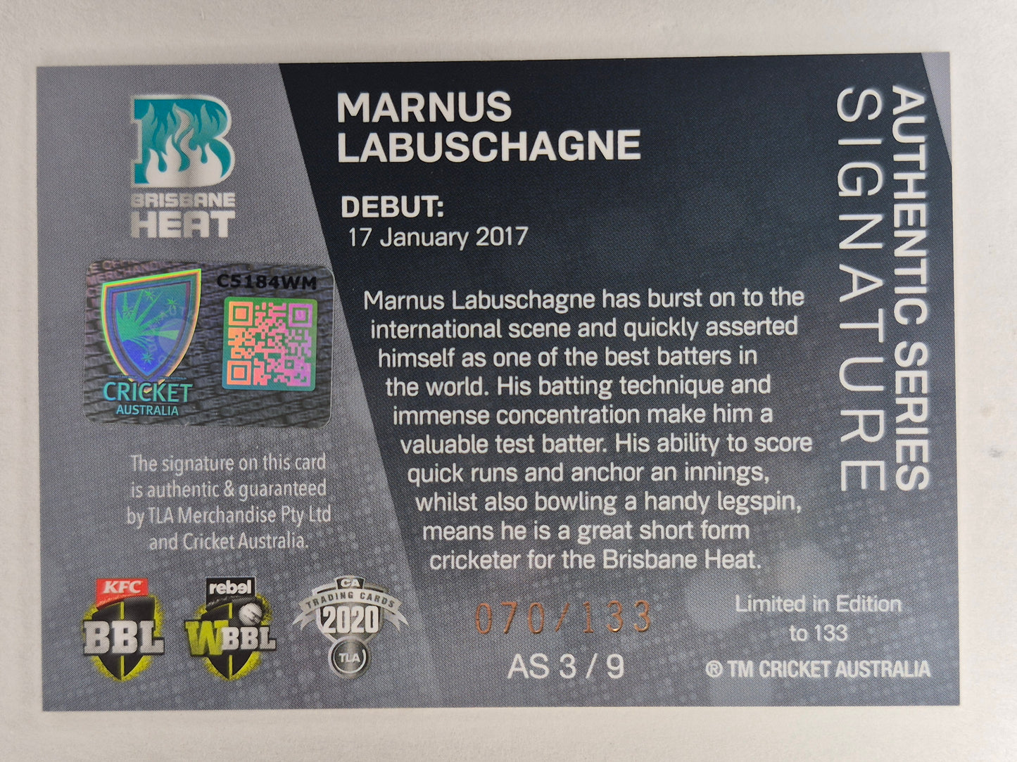2020 CA TRADERS Marnus Labuschagne Authentic Signature AS 3/9 070/133 Brisbane Heat