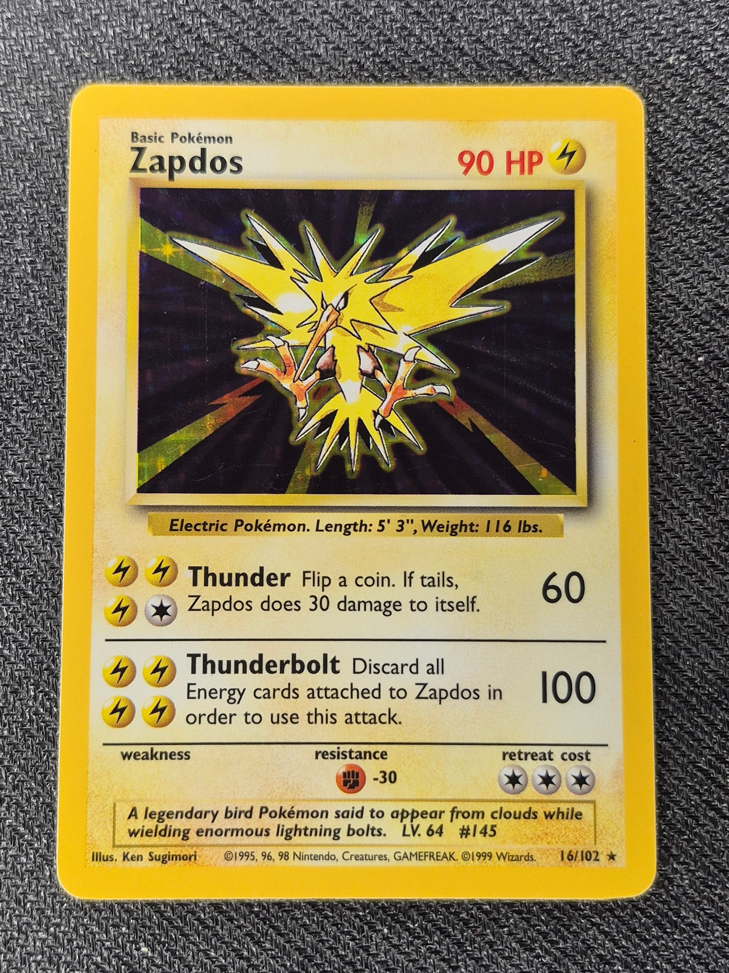 Zapdos - 16/102 - Holo Rare - Base Set - Pokemon Card - LP