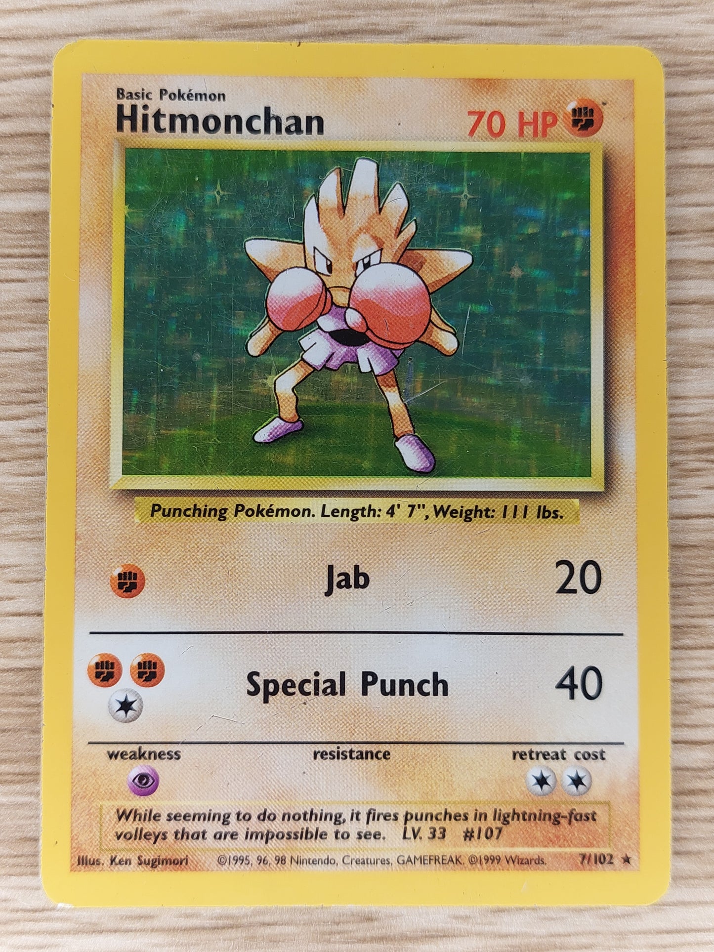 Pokemon 1999 Hitmonchan Base Set Holo Rare 7/102 HP