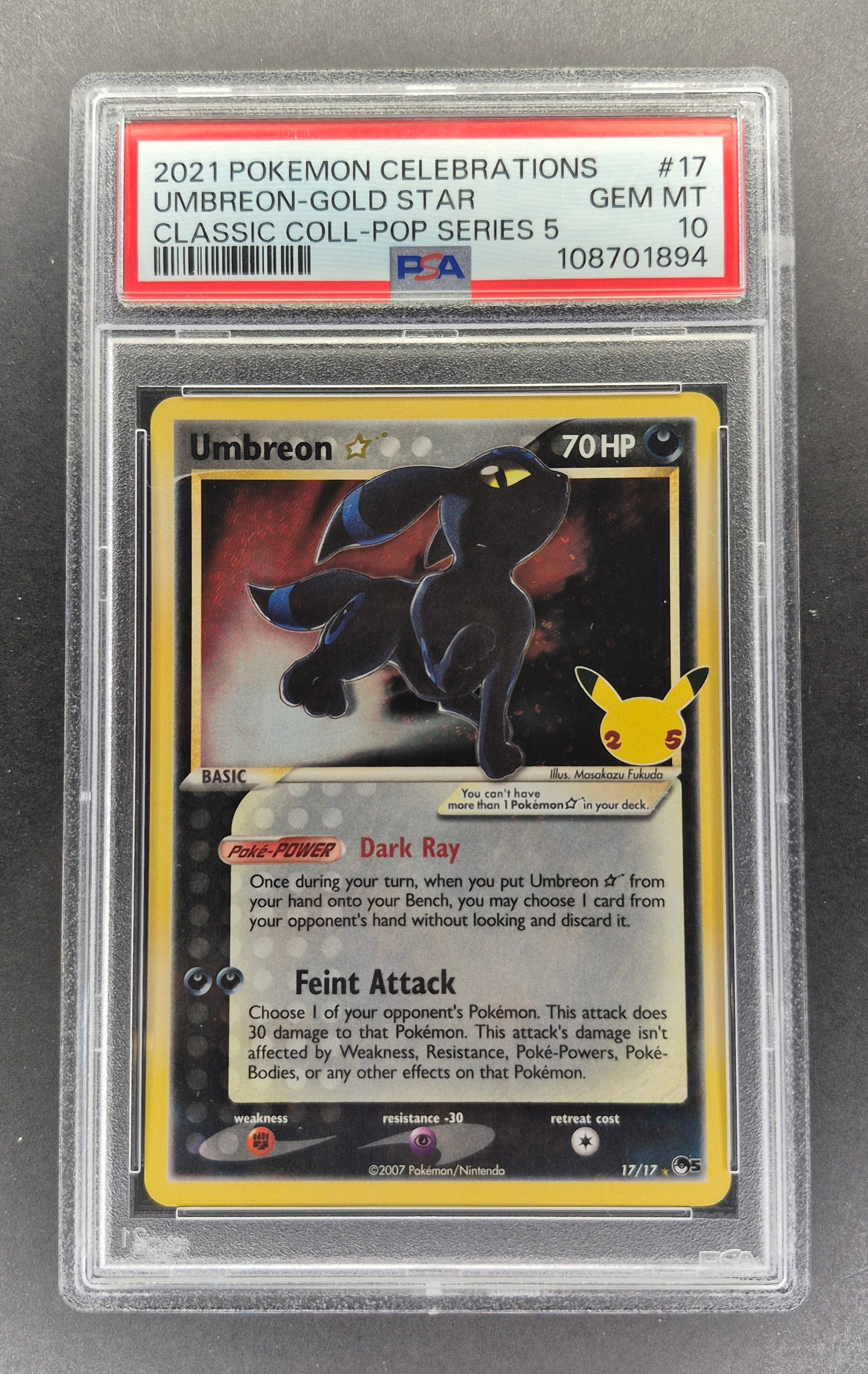 PSA 10 Umbreon Gold Star 17/17 Celebrations Classic Collection Pokemon Card