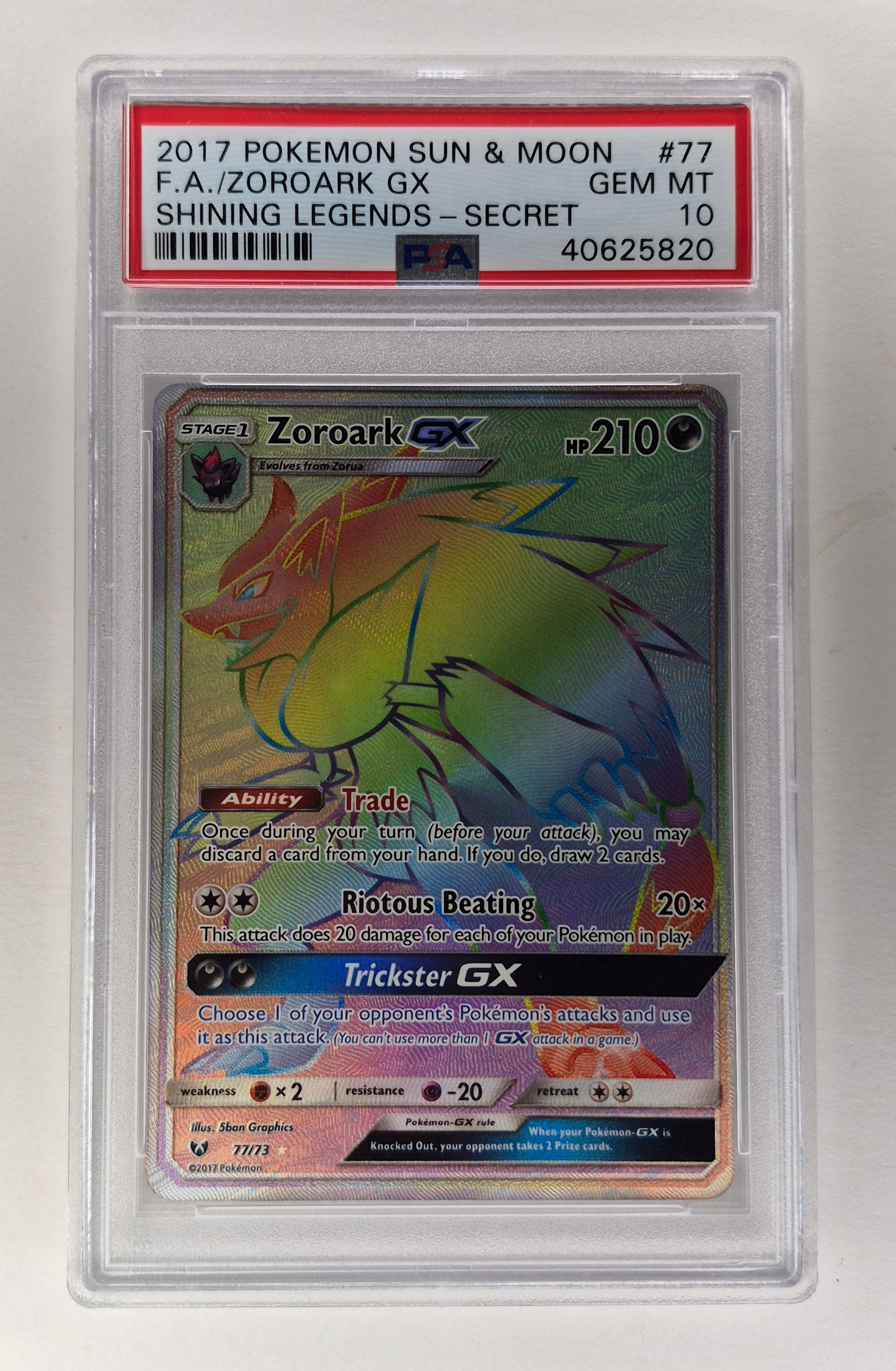 2017 Pokémon S&M Shining Legends 77/73 Full Art Zoroark Rainbow Secret PSA 10