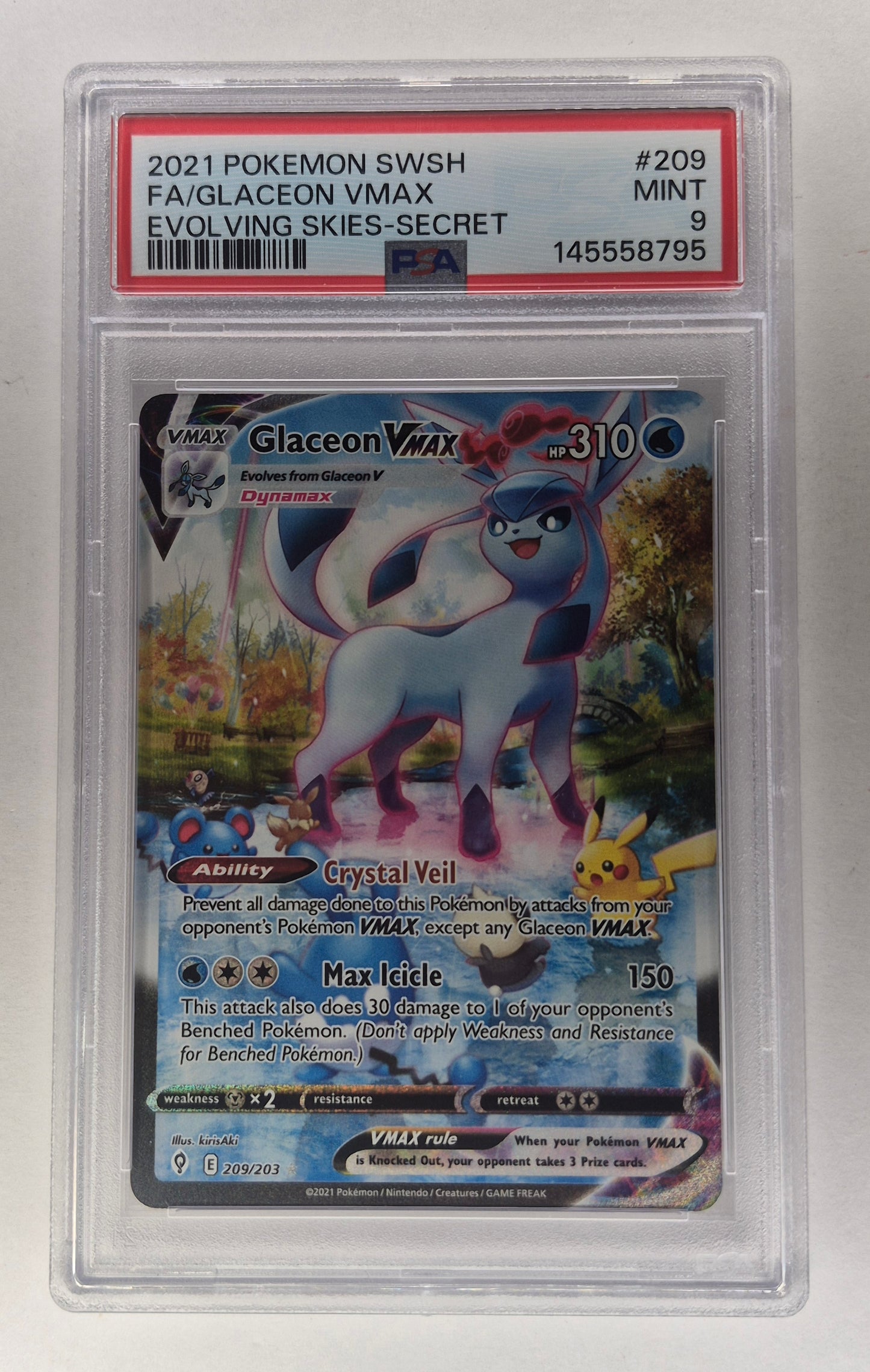2021 Pokémon SWSH Evolving Skies 209/203 Full Art Glaceon Vmax PSA 9