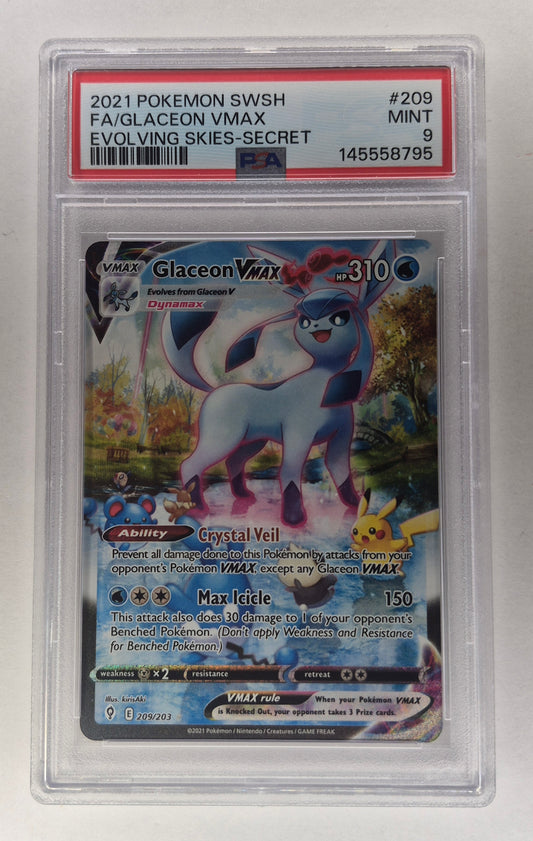 2021 Pokémon SWSH Evolving Skies 209/203 Full Art Glaceon Vmax PSA 9