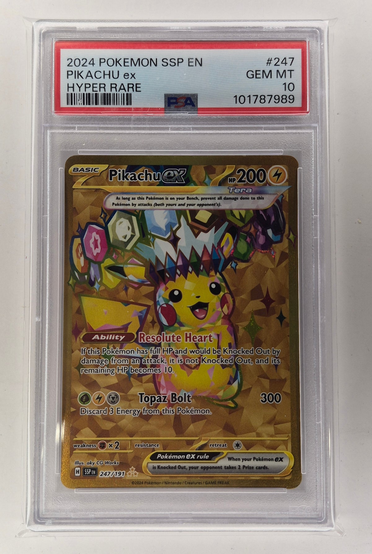 Pikachu EX 247/191 Pokemon 2024 SV Surging Sparks Hyper Rare Gold Card PSA 10