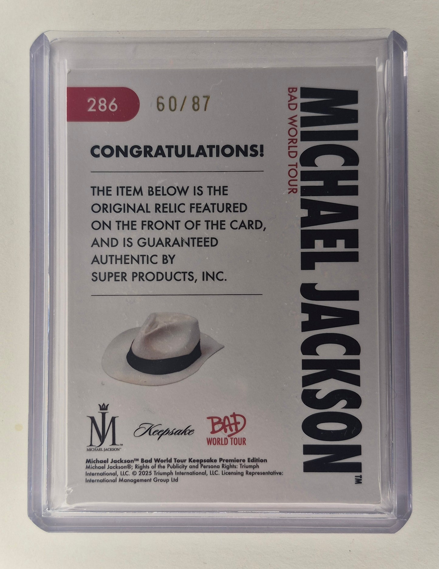 Keepsake Michael Jackson BAD World Tour Private Collection Hat Relic 60/87 NM