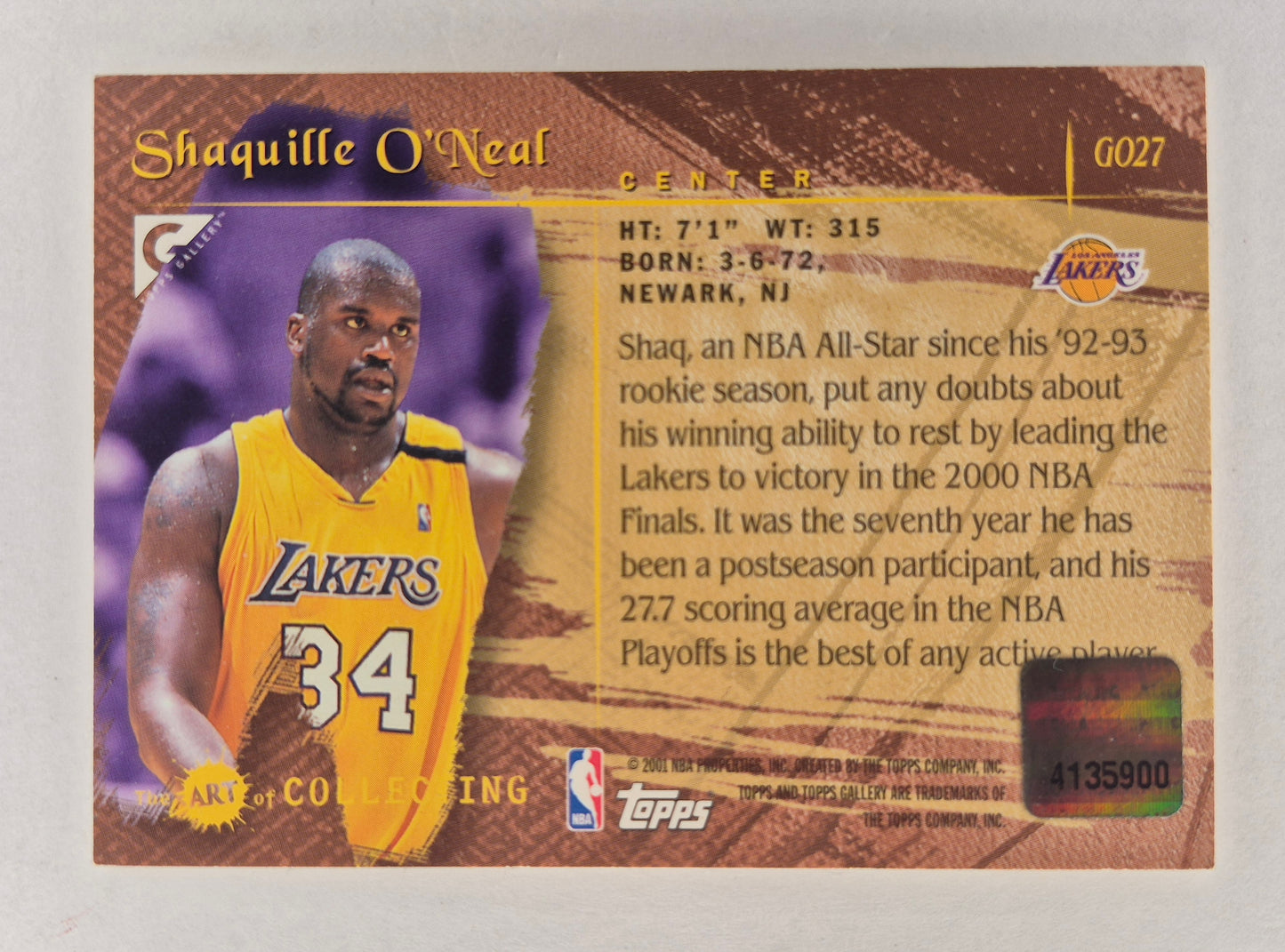 2001 Topps Gallery Originals Shaquille O'Neal #GO27 Game Worn Jersey Patch
