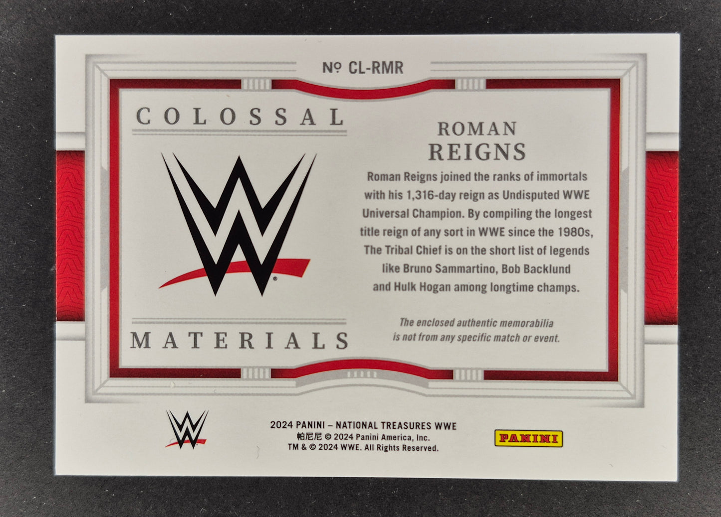 2024 National Treasures WWE CL-RMR Colossal Materials Roman Reigns 05/25 SSP