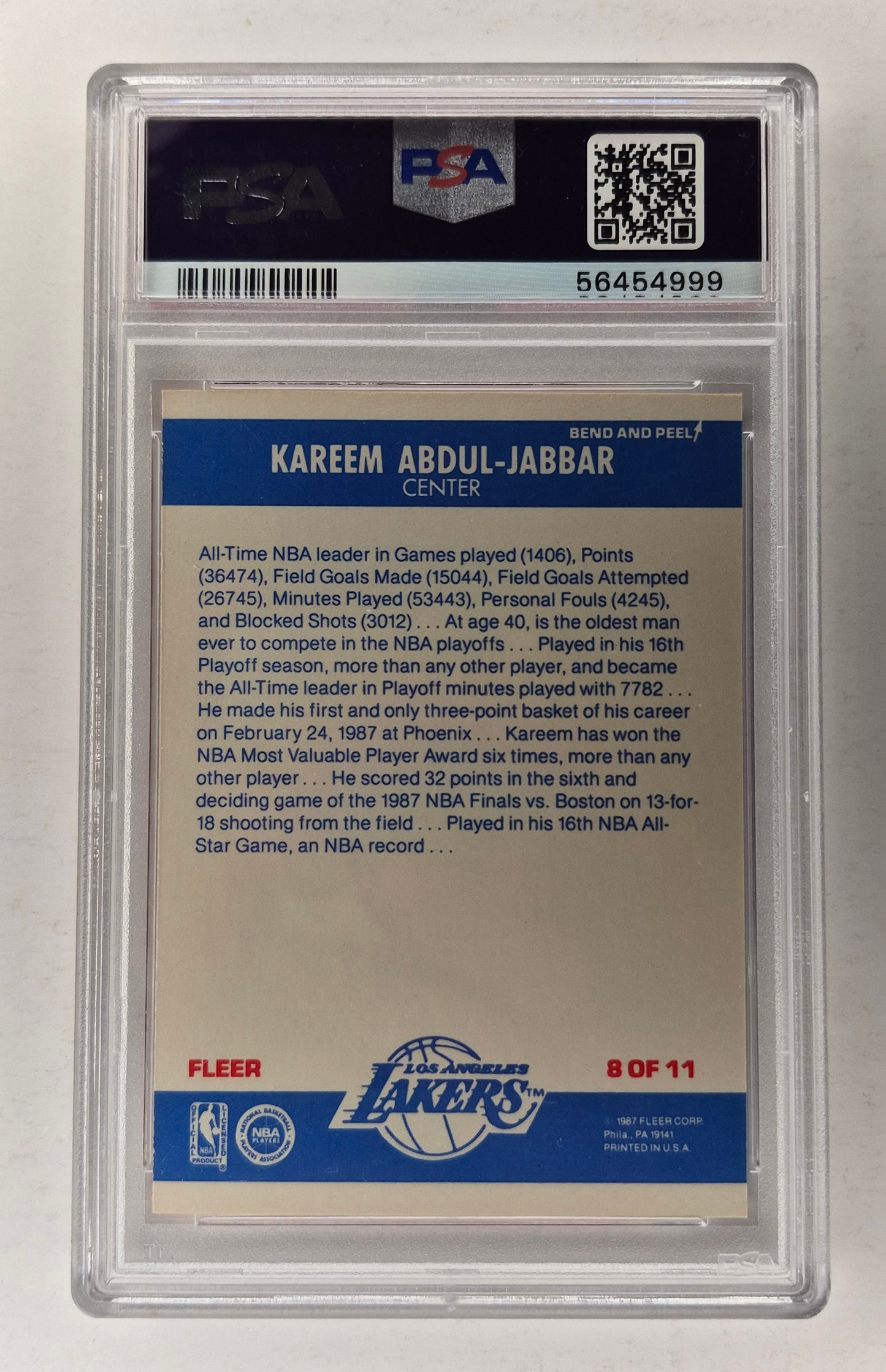 1987 FLEER Sticker #8 Kareem Abdul-Jabbah Sticker PSA 7 NM