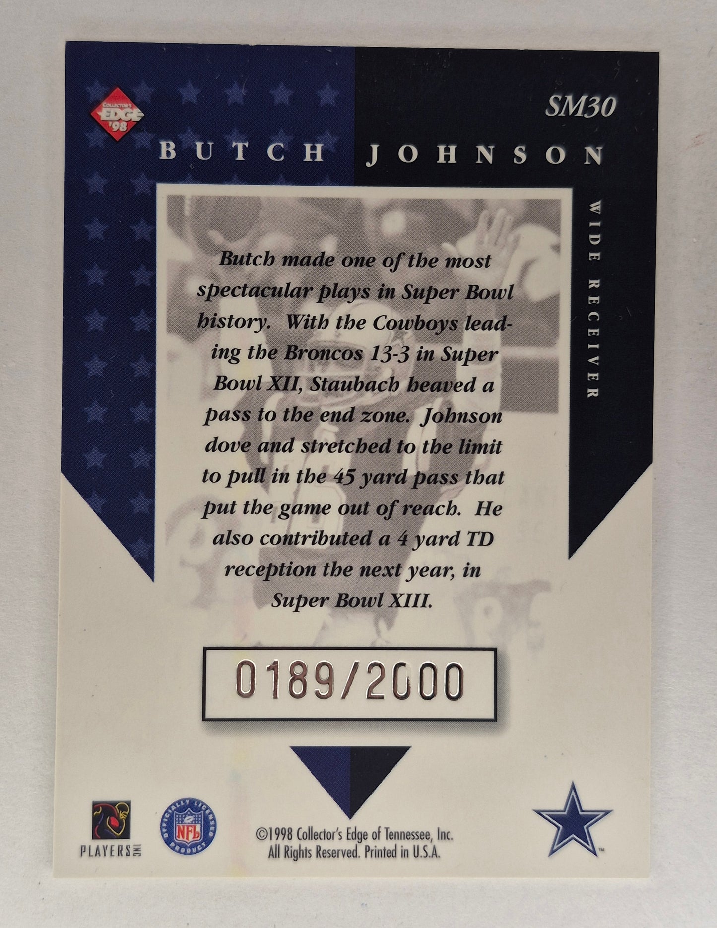 1998 Collectors Edge Butch Johnson SM30 On Card Auto 0189/2000