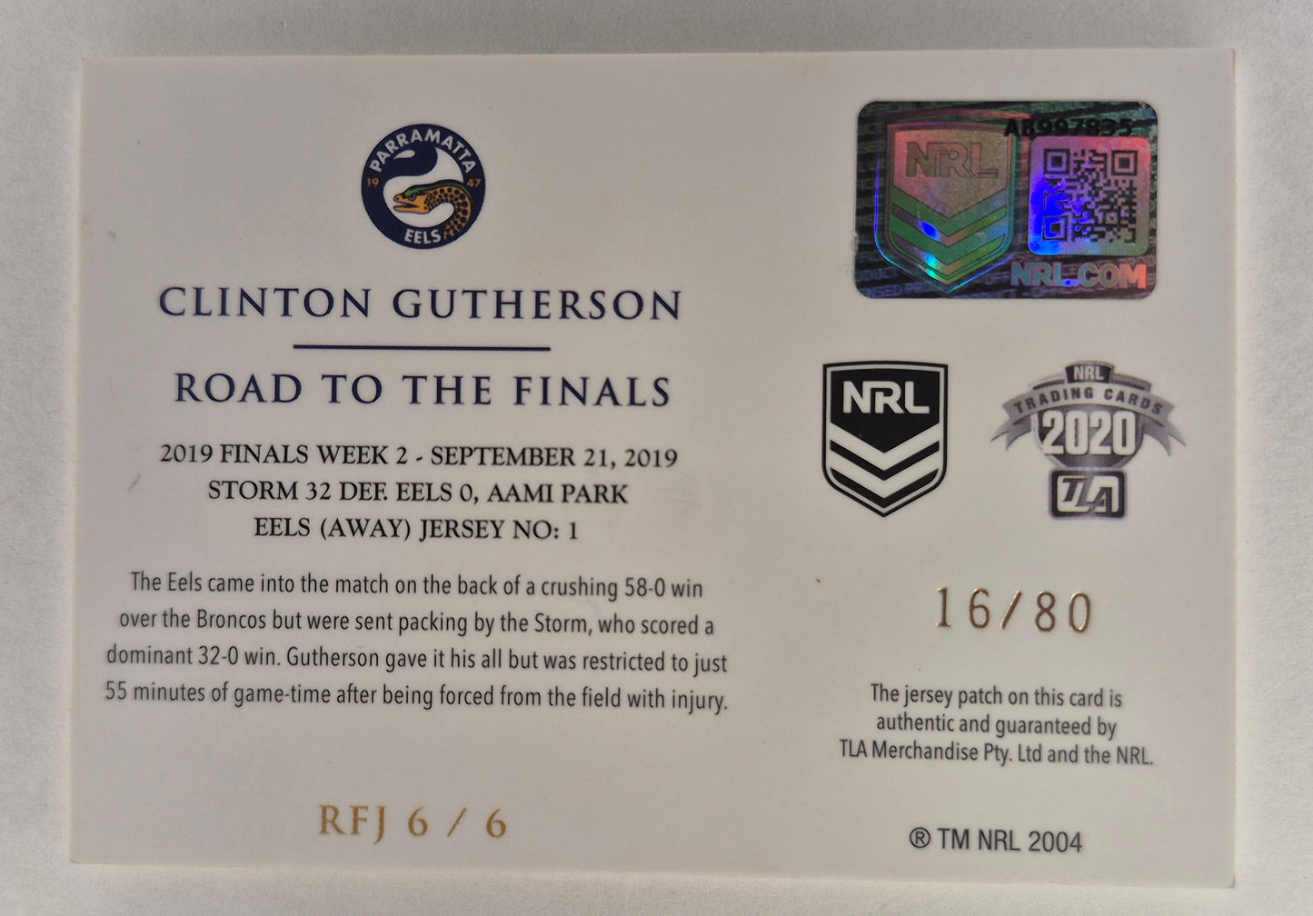 2020 NRL ELITE Road to the Finals RFJ 6/6 Clinton Gutherson Game Used Patch 16/80 LP