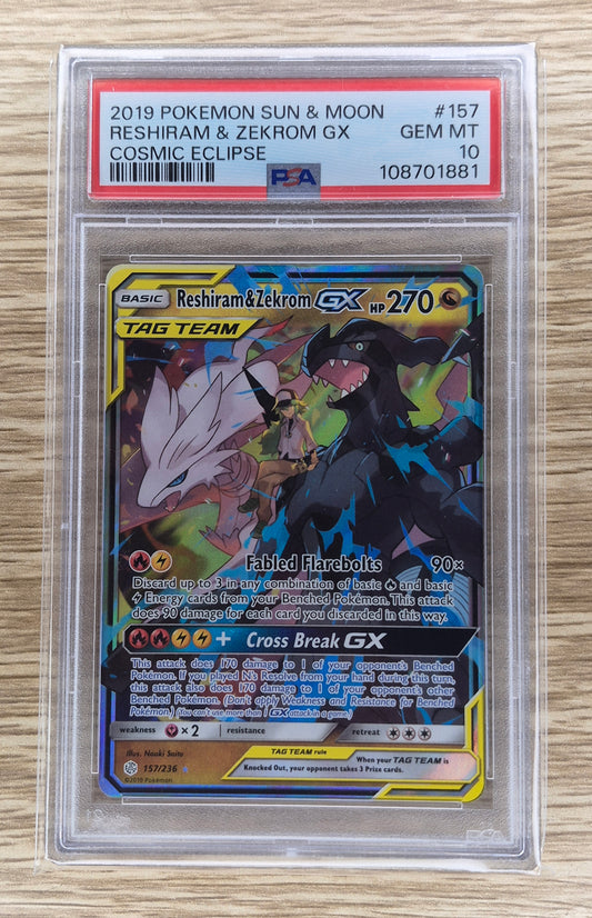 Pokemon Cosmic Eclipse Reshiram & Zekrom GX Full Art 157/236 PSA 10 GEM MINT