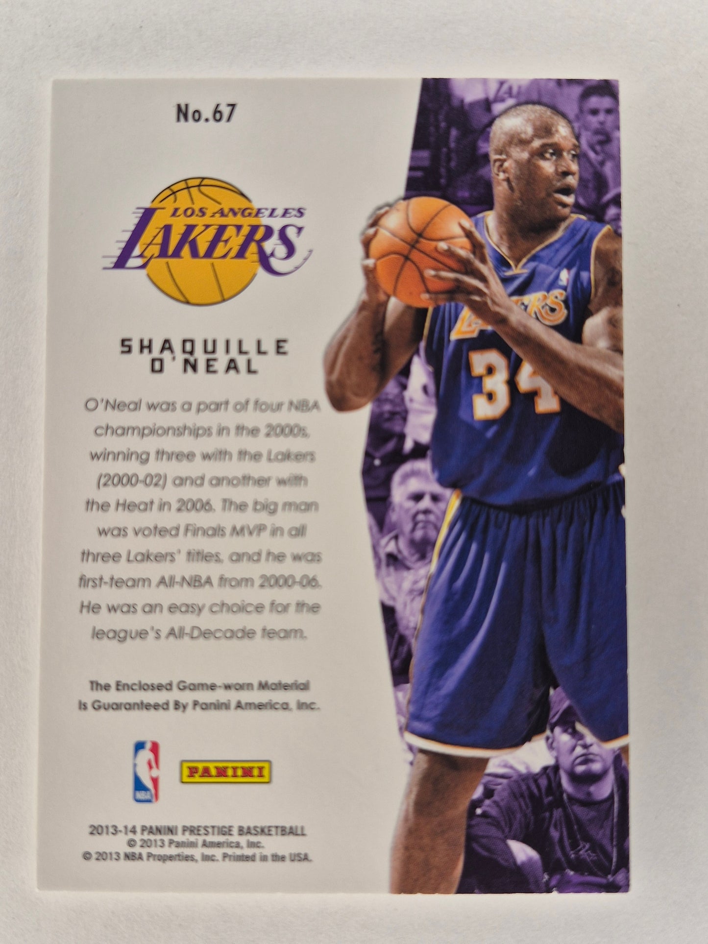 2013/14 Panini Prestige True Colors Shaquille O’neal Purple #67 Game Worn Patch