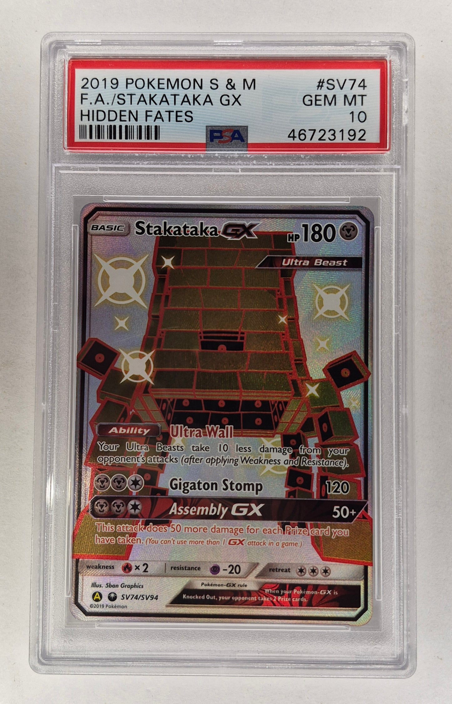 2019 Pokémon S&M Hidden Fates SV74/SV94 Stakataka GX PSA 10