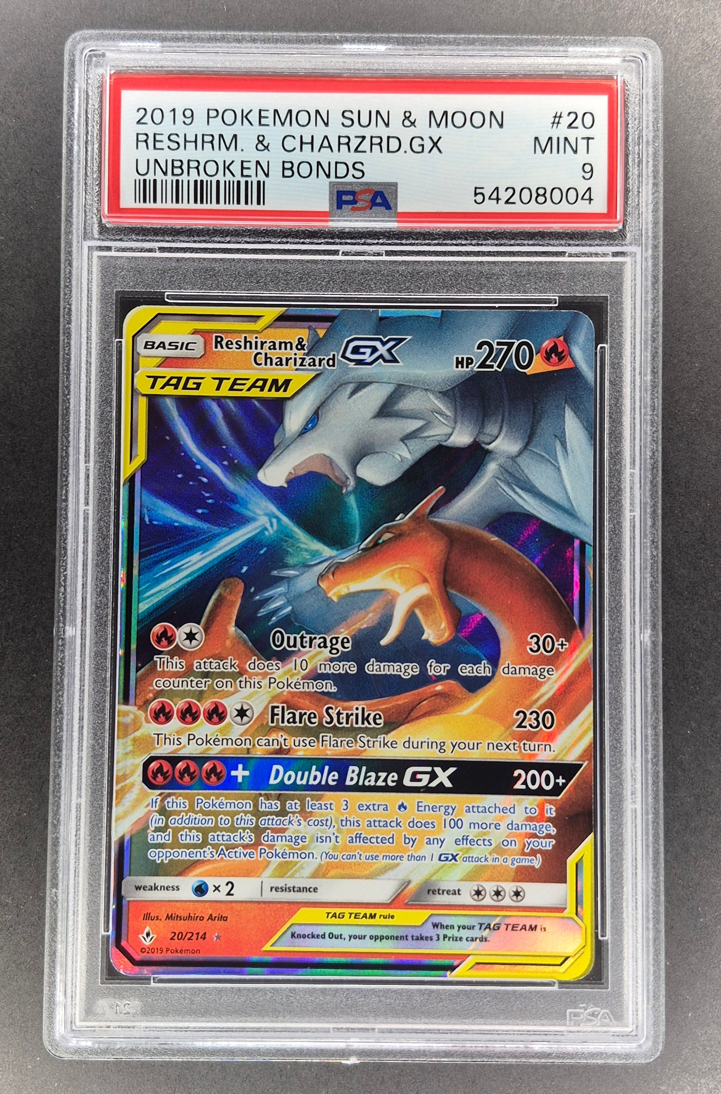 2019 Pokemon Sun & Moon Unbroken Bonds 20/214 Reshiram & Charizard GX PSA 9