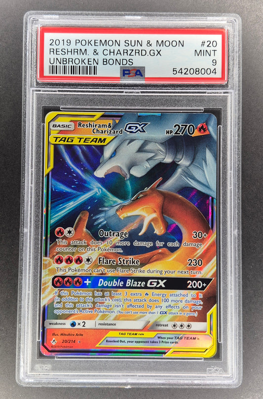 2019 Pokemon Sun & Moon Unbroken Bonds 20/214 Reshiram & Charizard GX PSA 9