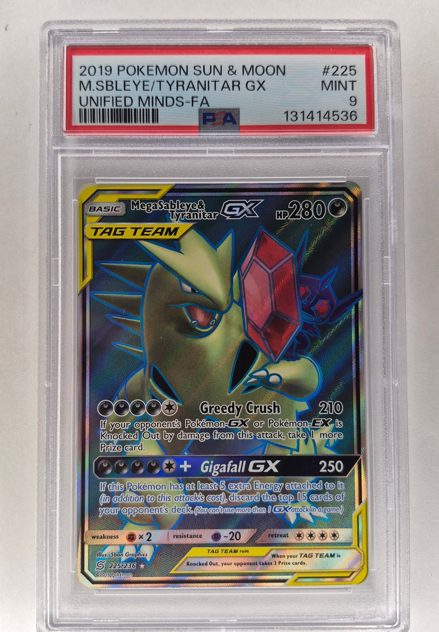 2019 Pokémon Sun & Moon Unified Minds 225/236 Mega Sableye/Tyranitar GX PSA  9