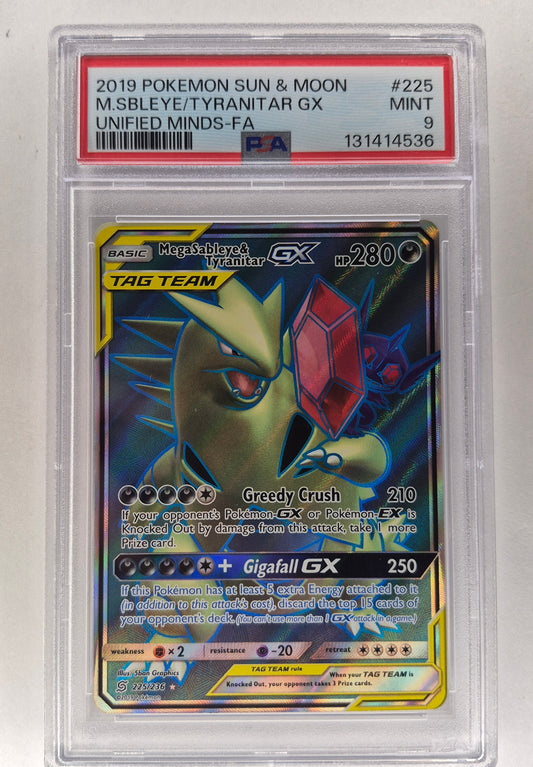 2019 Pokémon Sun & Moon Unified Minds 225/236 Mega Sableye/Tyranitar GX PSA  9