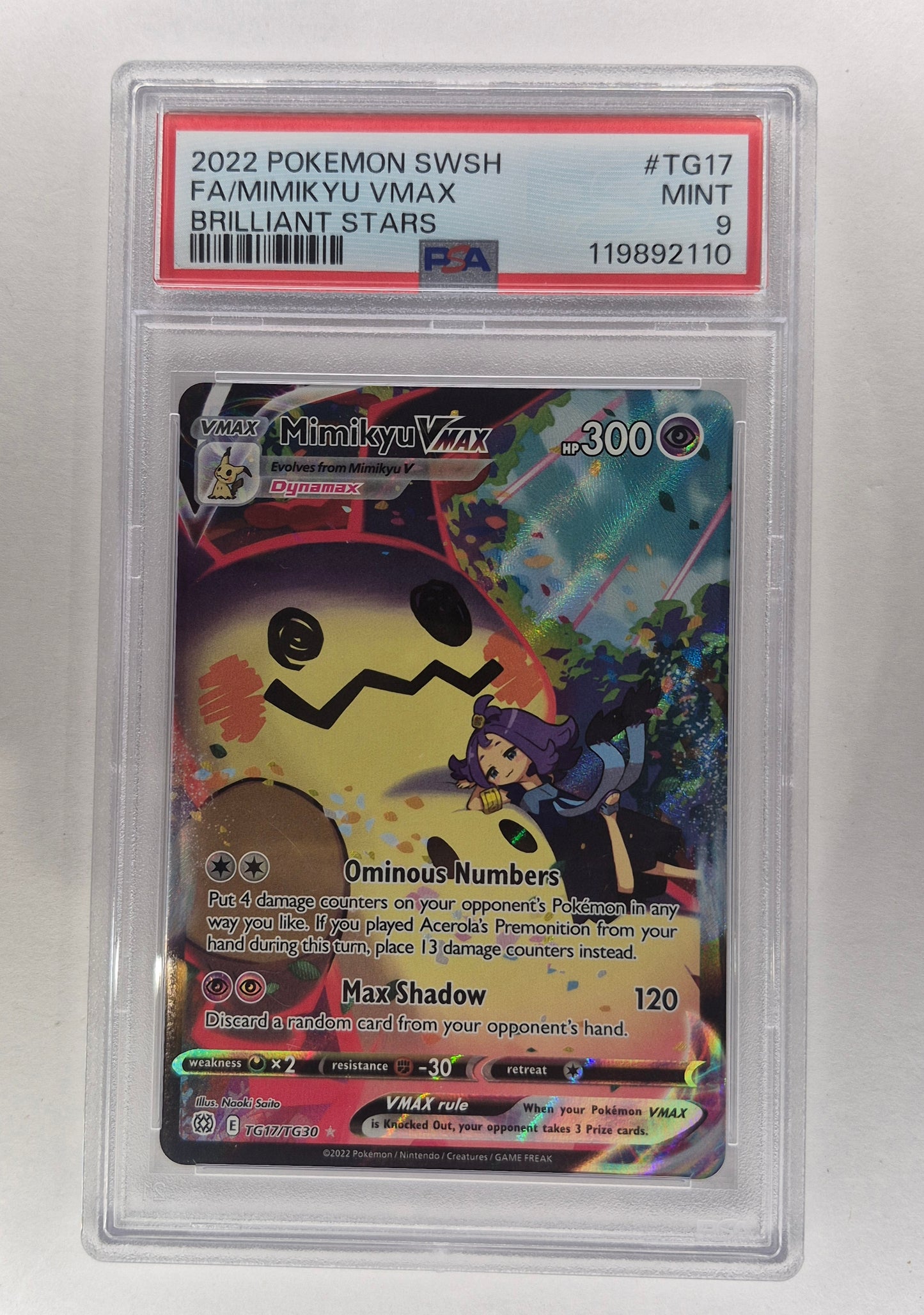 Pokemon Mimikyu VMAX TG17 Brilliant Stars Ultra Rare Full Art Holo PSA 9