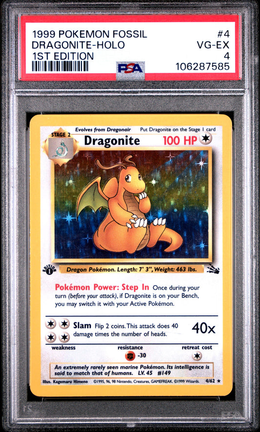1999 Pokémon Fossil 4/62 Dragonite Holo 1st Edition PSA 4