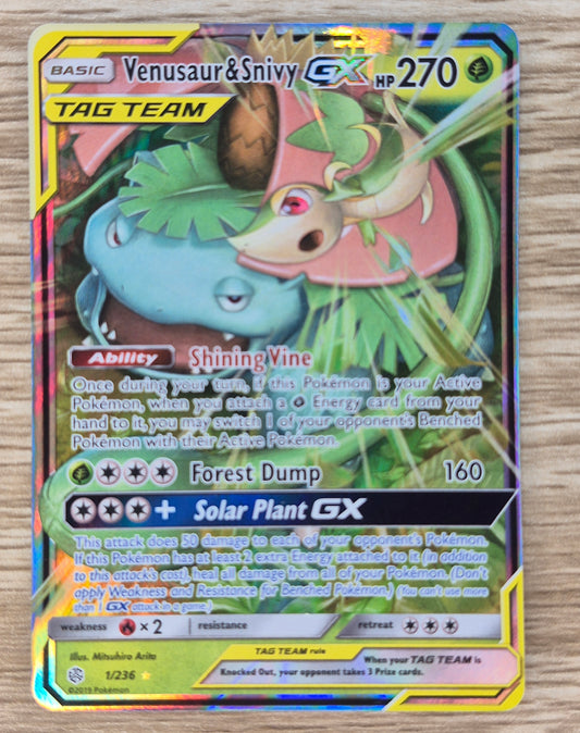 2019 Pokemon Tcg Sun And Moon Cosmic Eclipse Venusaur & Snivy Gx 1/236
