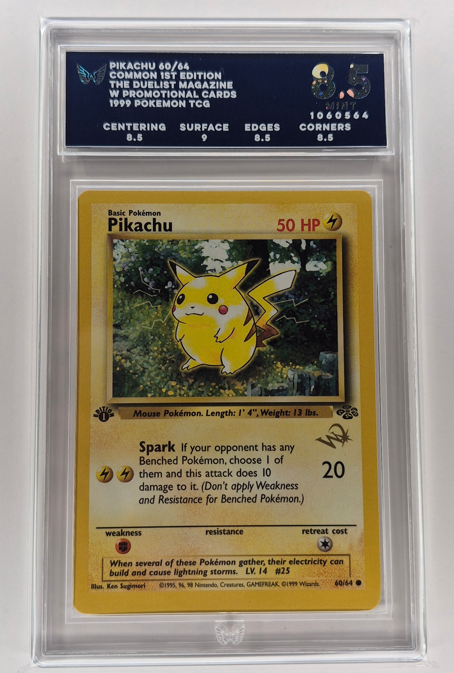 1999 Pokémon 60/64 1st Edition Pikachu Wizard Stamp Promo ARK 8.5 Mint