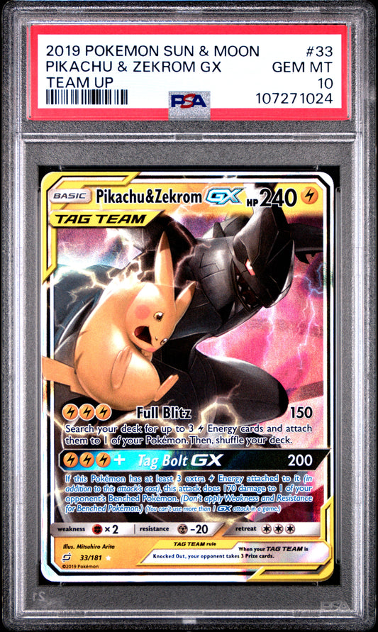 Pokemon 2019 Pikachu & Zekrom GX Team Up Tag Team 33/181 PSA 10